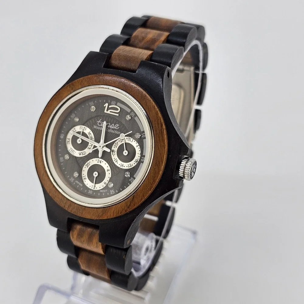 Tense Wooden Men's Watch 38MM Dark Brown Dial Two Tone Band 7